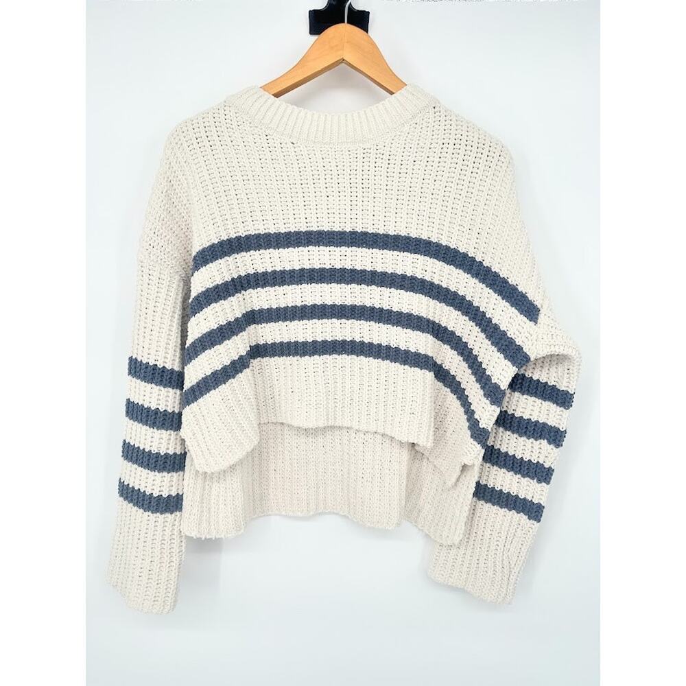 Pink Rose Striped Sweater Womens Medium Cropped Pullover Oversized Ivory Bluec